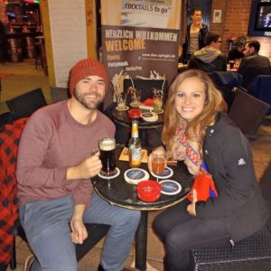 Grant and Rachel drinking German beer in Düsseldorf