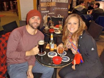 Grant and Rachel drinking German beer in Düsseldorf