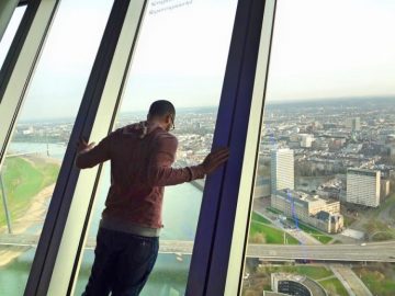 Grant looking out from Rheinturm (Rhine Tower)