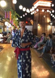 Grant wearing traditional robe at a Tokyo Onsen