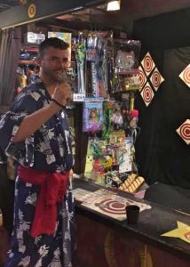Grant playing games and wearing traditional robe at a Tokyo Onsen