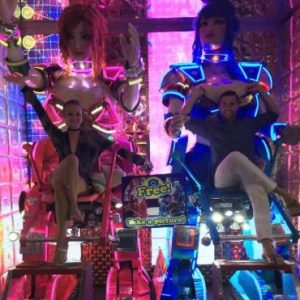 Grant and Rachel at Robot Restaurant in Tokyo