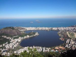 The view looking out from Cristo Redentor in Rio de Janeiro Brazil