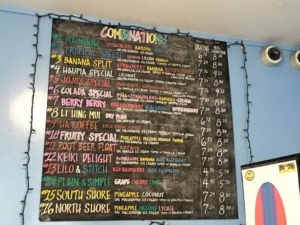 The menu at JoJo's Shave Ice on Kauai