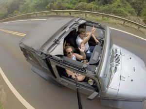 Grant and Rachel in a Jeep near Kapaa Kauai