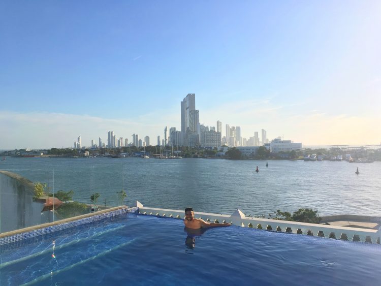 Grant relaxing in the infinity pool at the Allure Chocolat in Cartagena