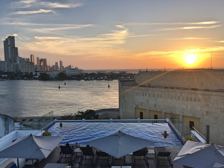 sunset at an infinity pool in Cartagena