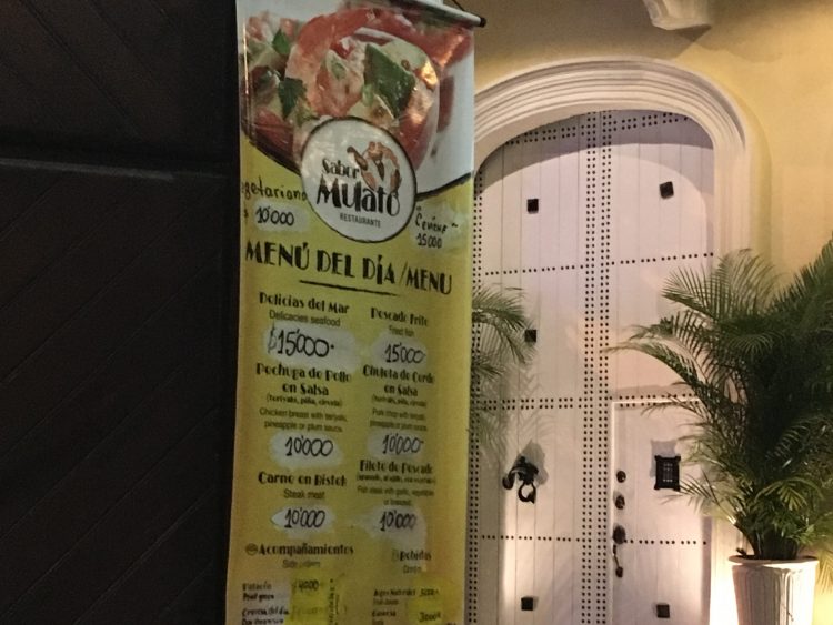menu at sabor mulato restaurant in cartagena